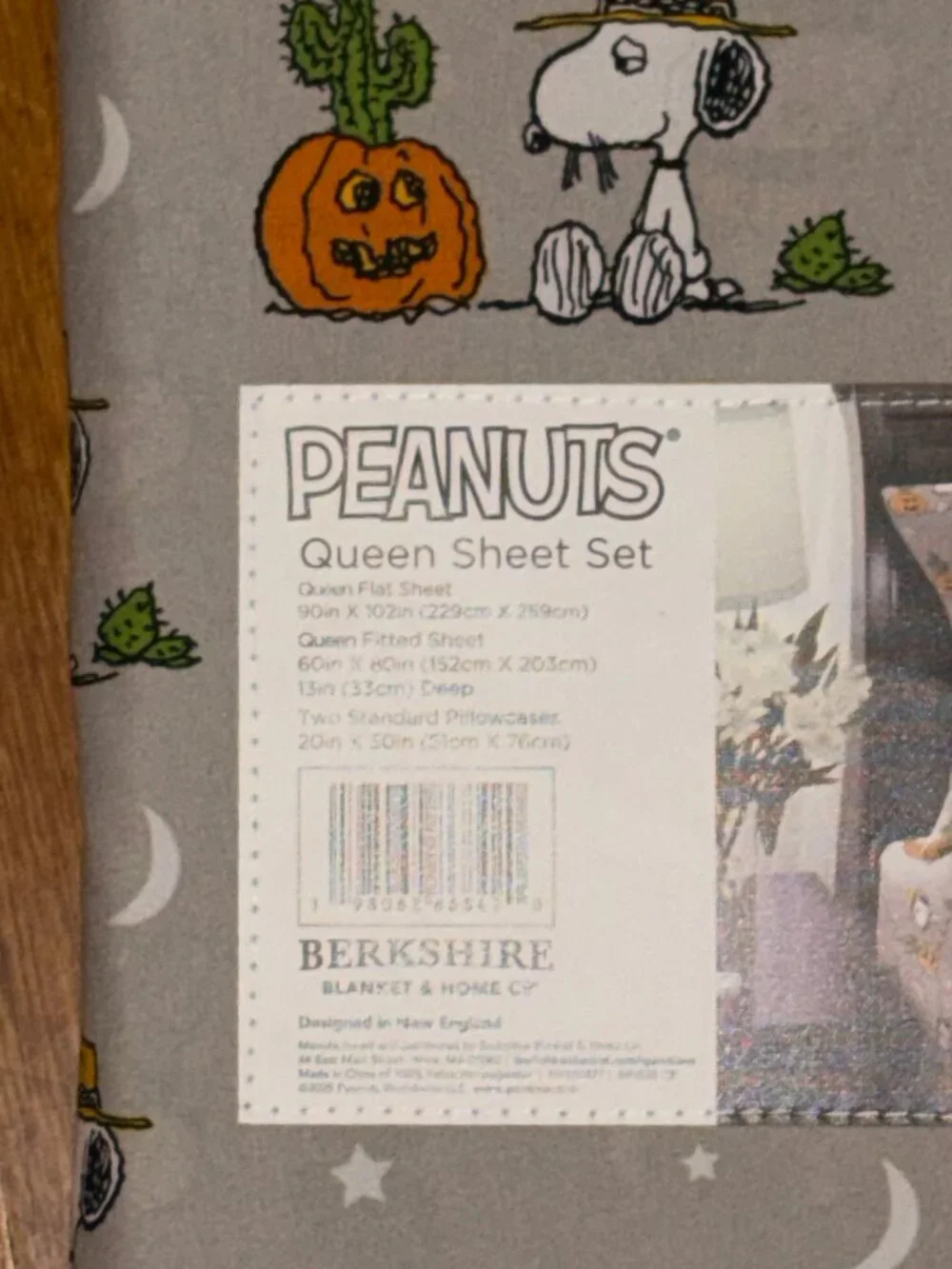 Peanuts Snoopy Halloween Gray QUEEN Size Sheet Sets - Spike Pumpkin & Cactus